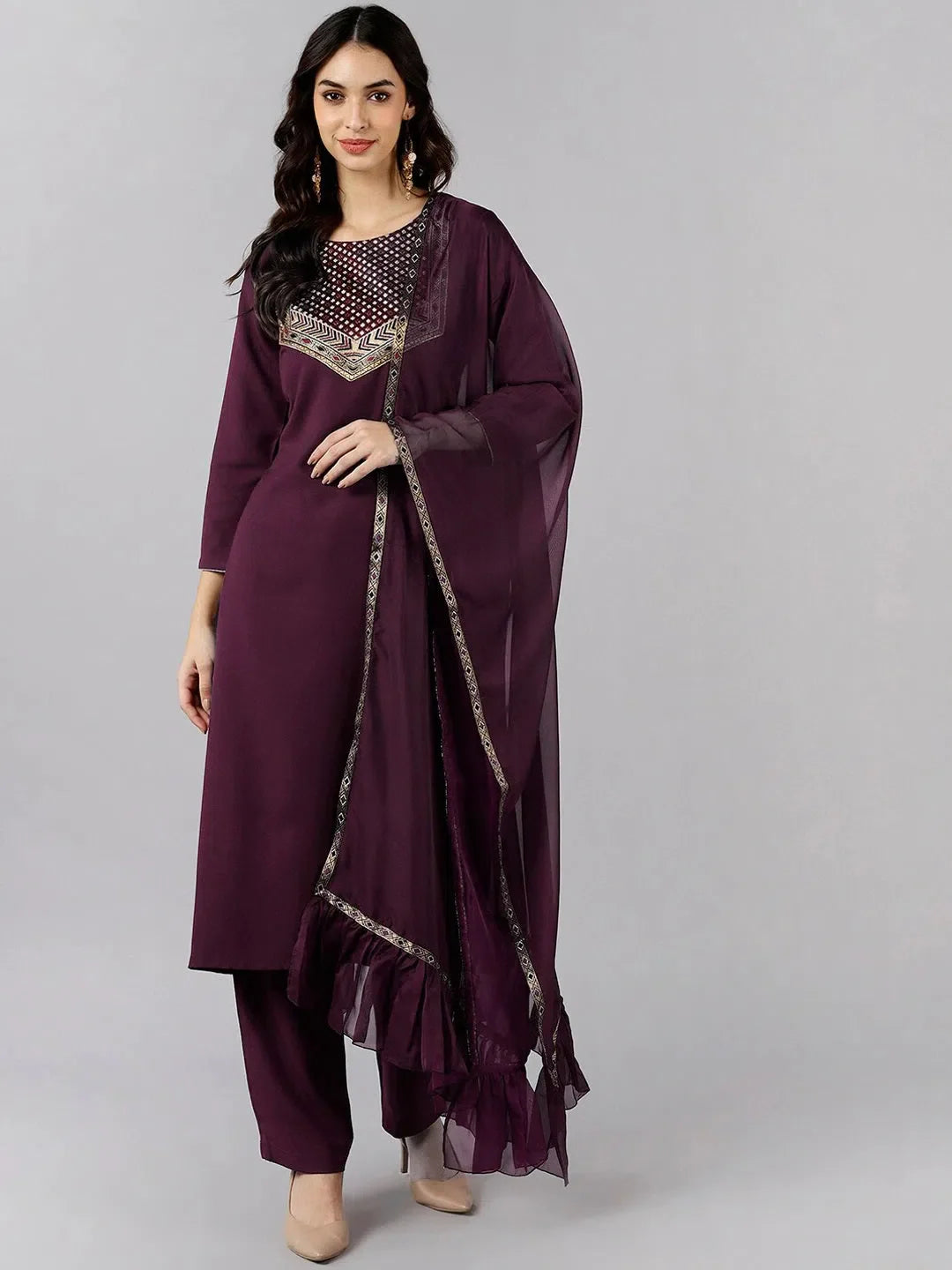Cotton Blend Embroidered Kurta Set with Dupatta | Kurta Sets
