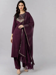 Women Burgundy Cotton Blend Embroidered Straight Kurta Pant Set With Dupatta