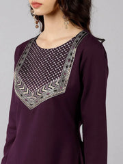 Women Burgundy Cotton Blend Embroidered Straight Kurta Pant Set With Dupatta