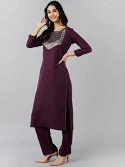 Women Burgundy Cotton Blend Embroidered Straight Kurta Pant Set With Dupatta