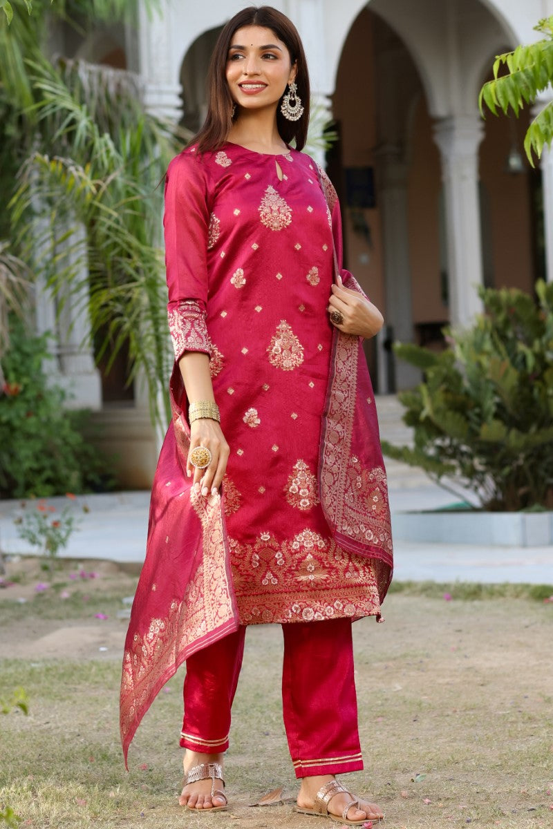 Women Maroon Woven Design Kurta Trousers With Dupatta PKSKD1193