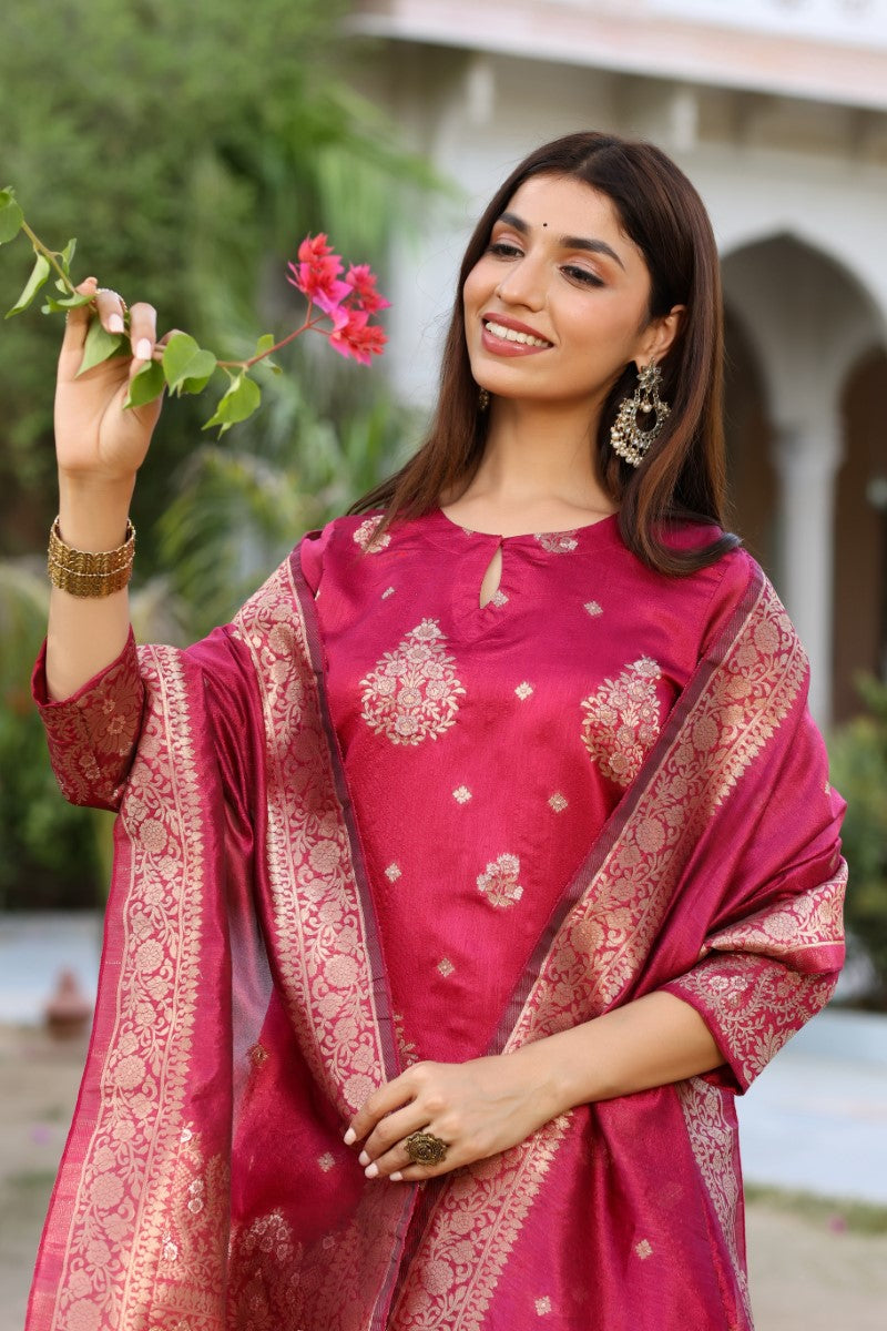 Women Maroon Woven Design Kurta Trousers With Dupatta PKSKD1193