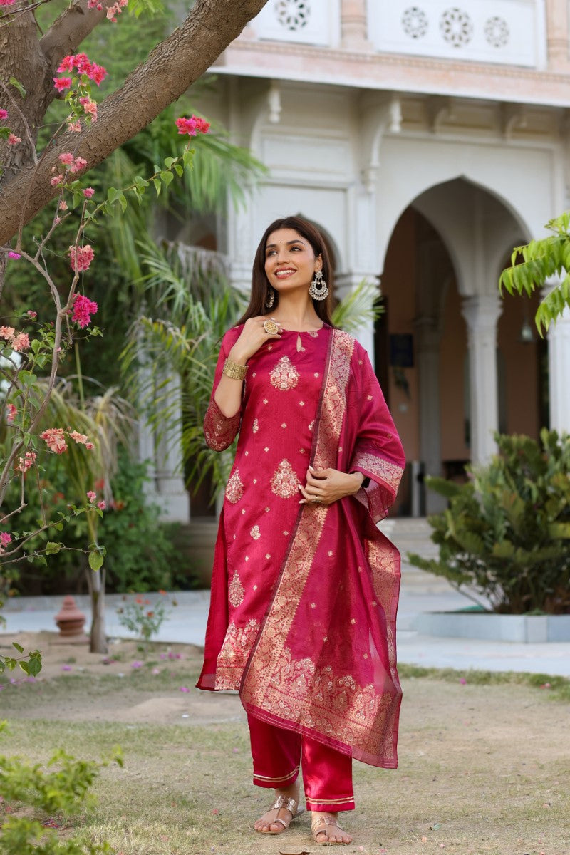 Women Maroon Woven Design Kurta Trousers With Dupatta PKSKD1193