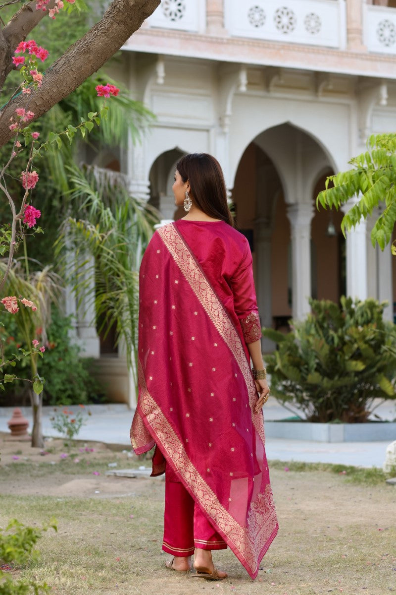 Women Maroon Woven Design Kurta Trousers With Dupatta PKSKD1193