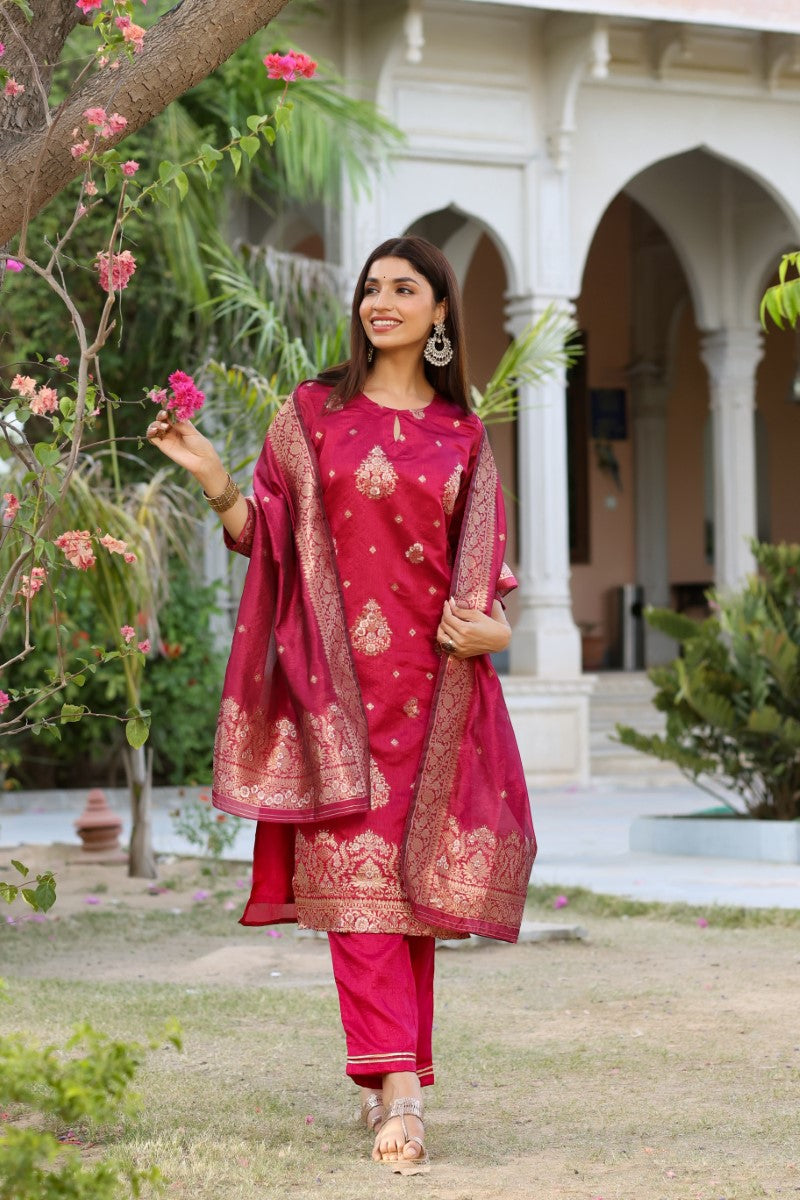 Women Maroon Woven Design Kurta Trousers With Dupatta PKSKD1193