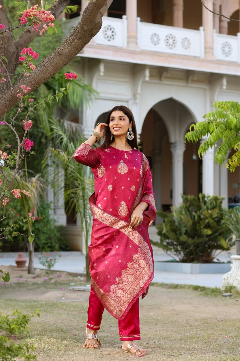 Women Maroon Woven Design Kurta Trousers With Dupatta PKSKD1193
