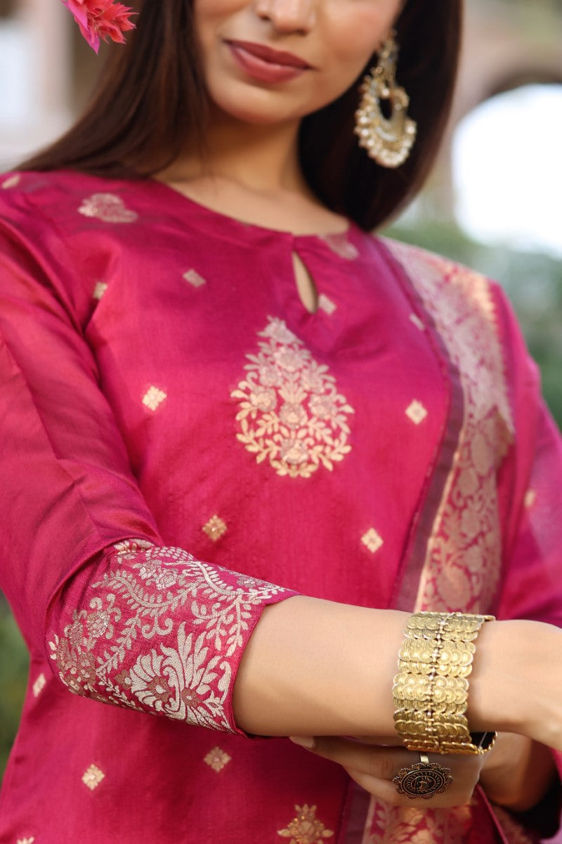 Women Maroon Woven Design Kurta Trousers With Dupatta PKSKD1193