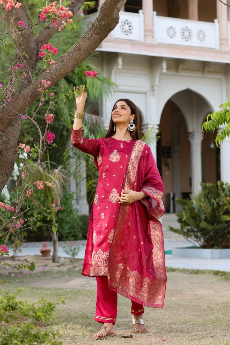 Women Maroon Woven Design Kurta Trousers With Dupatta PKSKD1193