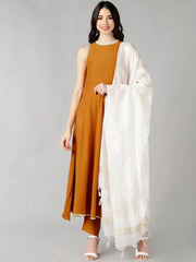 Women Mustard Solid Kurta Trousers With Dupatta 3