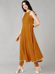 Women Mustard Solid Kurta Trousers With Dupatta 3
