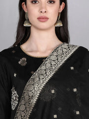 Women Black Solid Woven Design Kurta Trousers With Dupatta