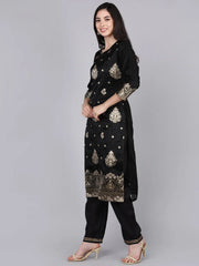 Women Black Solid Woven Design Kurta Trousers With Dupatta