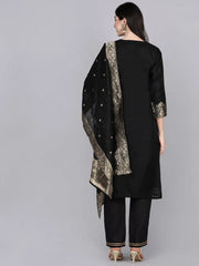 Women Black Solid Woven Design Kurta Trousers With Dupatta