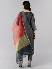 Women Grey Solid Embroidered Kurta Trousers With Dupatta 1