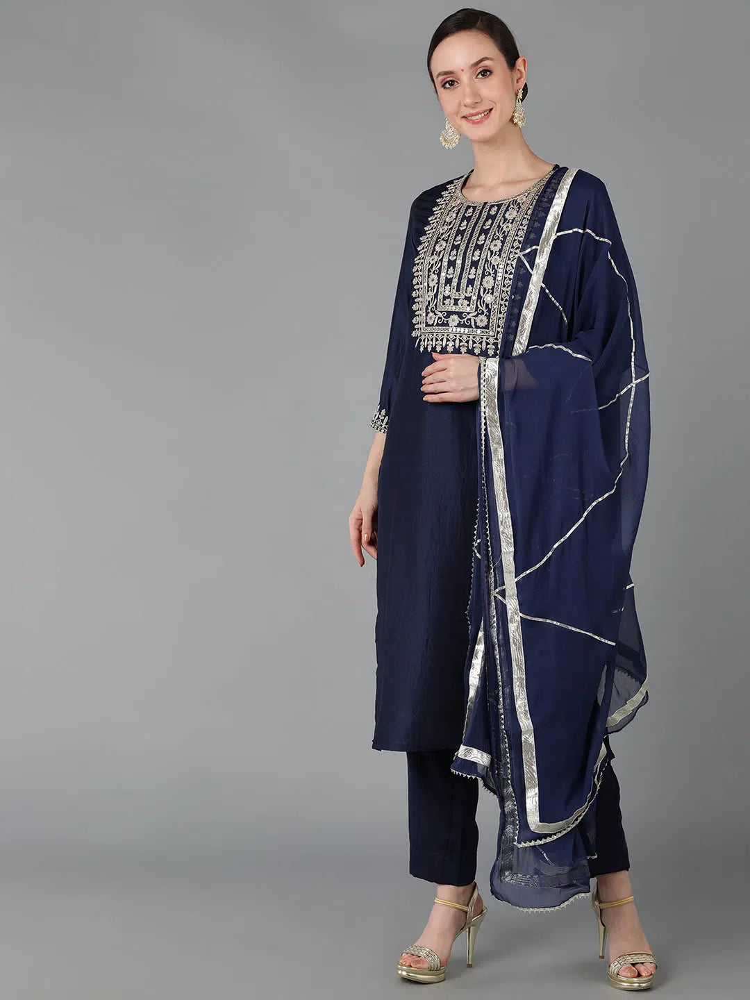 Navy Embroidered Kurta Set with Dupatta | Women's Indian Kurta