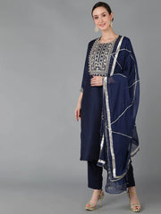 Women Navy Blue Polyester Yoke Design Kurta Trousers With Dupatta-PKSKD1284A_L