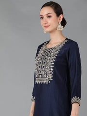 Women Navy Blue Polyester Yoke Design Kurta Trousers With Dupatta-PKSKD1284A_L