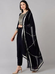Women Navy Blue Polyester Embroidered Straight Kurta Pant Set With Dupatta-PKSKD1284