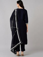 Women Navy Blue Polyester Embroidered Straight Kurta Pant Set With Dupatta-PKSKD1284