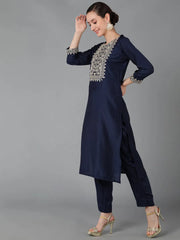Women Navy Blue Polyester Embroidered Straight Kurta Pant Set With Dupatta-PKSKD1284A