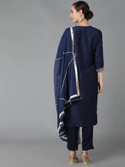 Women Navy Blue Polyester Embroidered Straight Kurta Pant Set With Dupatta-PKSKD1284A
