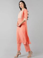 Women Peach Solid Kurti Trousers With Dupatta