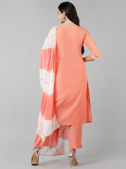 Women Peach Solid Kurti Trousers With Dupatta