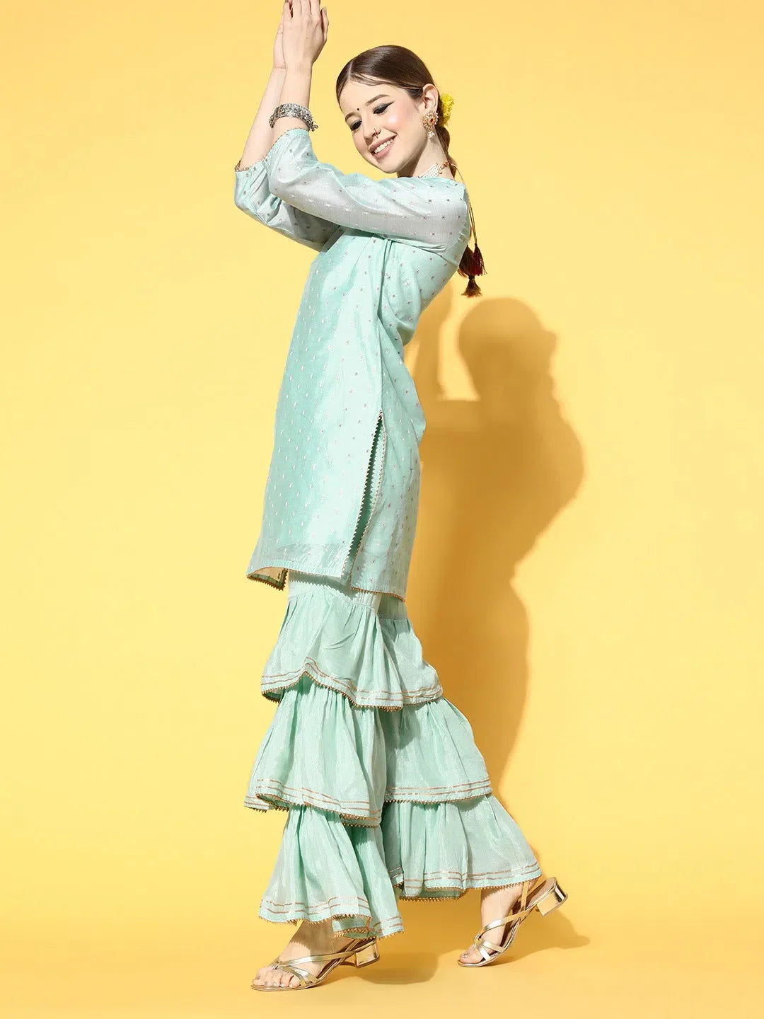 Blue Woven Design Kurta Sharara Suits With Dupatta - DesiQlo