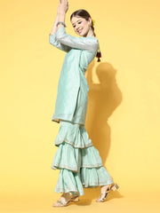 Women Blue Woven Design Kurta Sharara With Dupatta