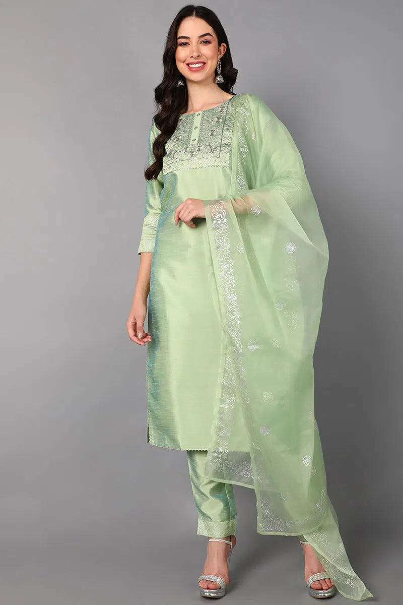 Poly Silk Embroidered Kurta Trousers Dupatta-PKSKD1431
