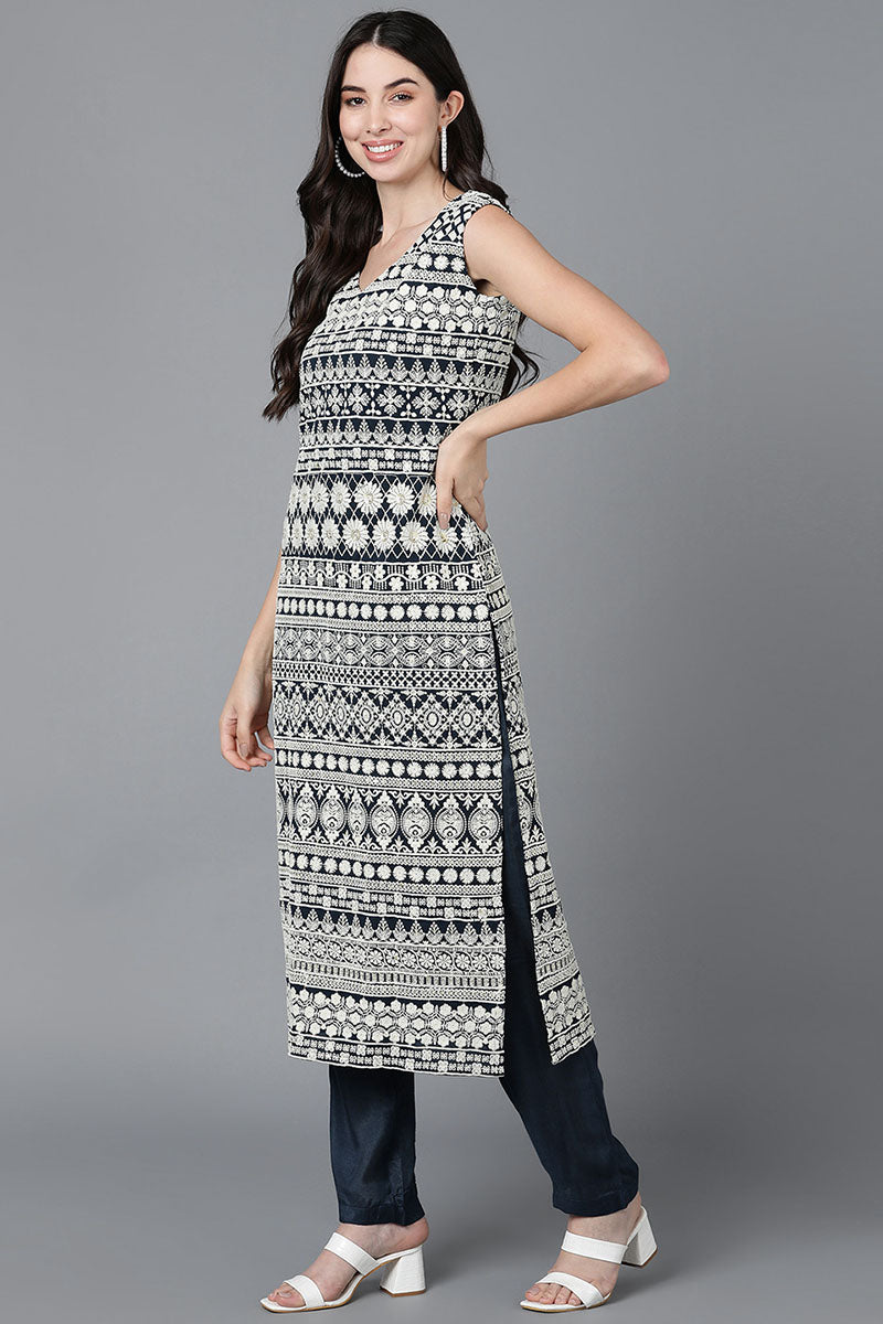 Women Teal Poly Georgette Embroidered Kurta Trouser With Dupatta PKSKD