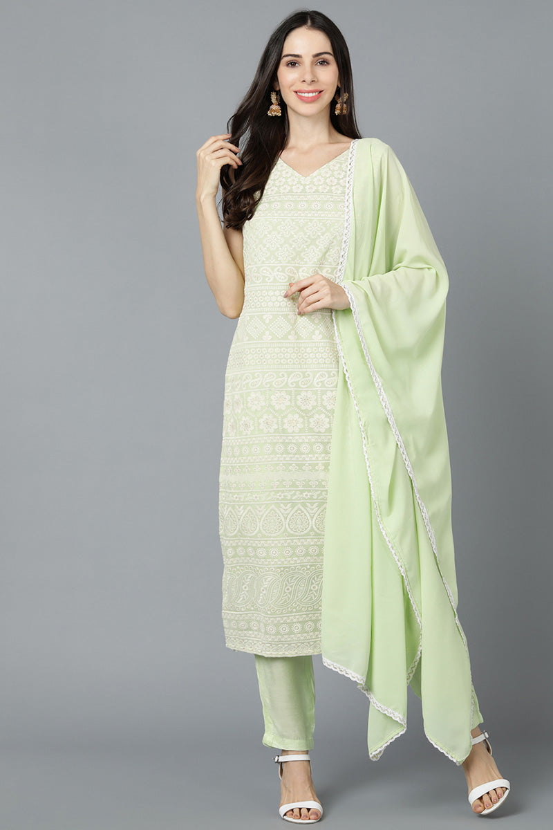 Light Green Poly Georgette Straight Kurta Pant With