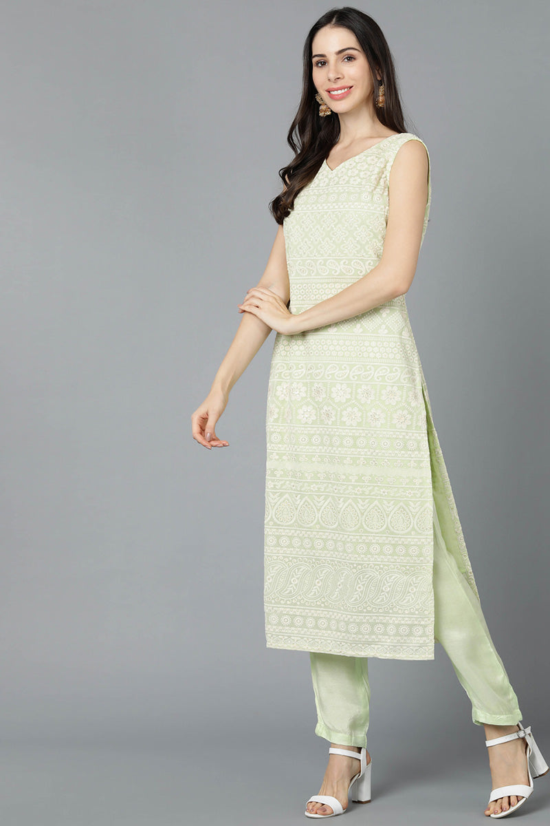 Light Green Poly Georgette Straight Kurta Pant With