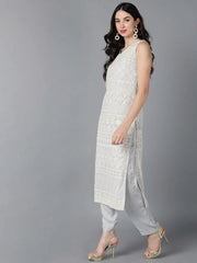 Women Grey Poly Georgette Embroidered Straight Kurta Pant Set With Dupatta