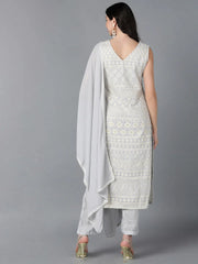 Women Grey Poly Georgette Embroidered Straight Kurta Pant Set With Dupatta