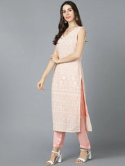 Women Peach Poly Georgette Embroidered Kurta Trouser With Dupatta