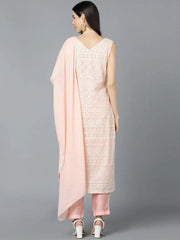 Women Peach Poly Georgette Embroidered Kurta Trouser With Dupatta