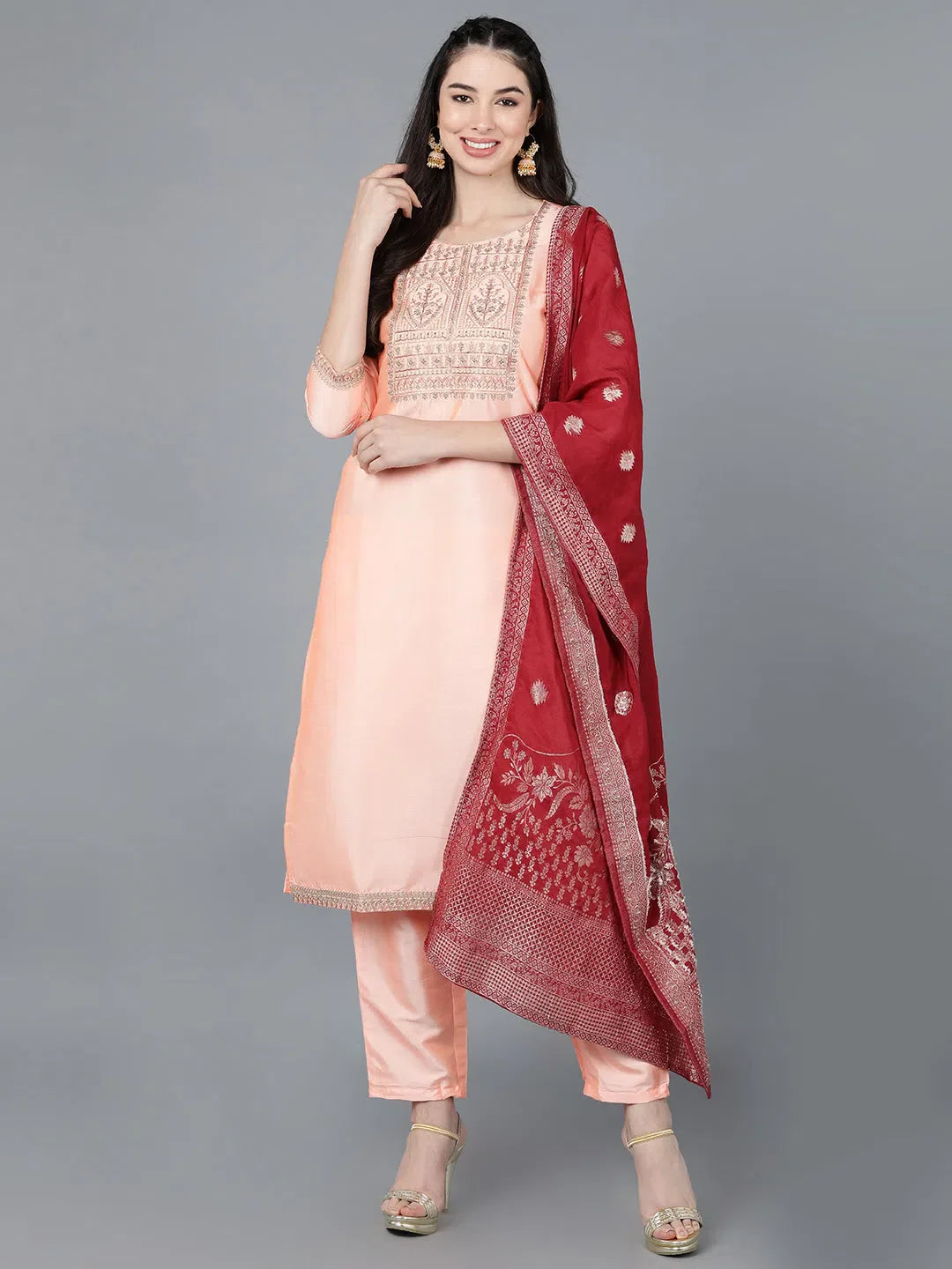 Peach Embroidered Kurta Set with Dupatta | Premium Women's Kurta Sets
