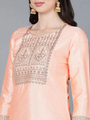 Women Peach Poly Silk Embroidered Kurta Trousers With Dupatta