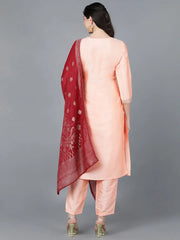 Women Peach Poly Silk Embroidered Kurta Trousers With Dupatta