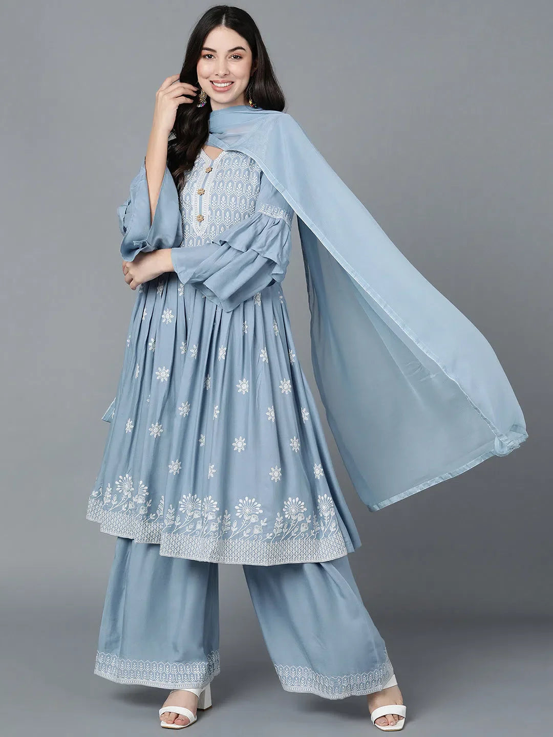 Blue Poly Silk Embroidered Anarkali Kurta Sharara Set