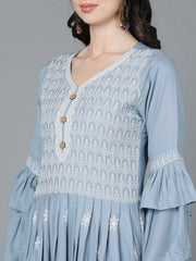 Women Blue Poly Silk Embroidered Anarkali Kurta Sharara Set With Dupatta