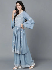 Women Blue Poly Silk Embroidered Anarkali Kurta Sharara Set With Dupatta