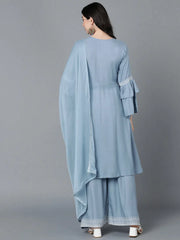 Women Blue Poly Silk Embroidered Anarkali Kurta Sharara Set With Dupatta
