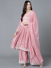 Women Pink Polysilk Embroidered Kurta Sharara With Dupatta