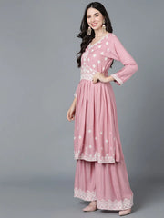 Women Pink Polysilk Embroidered Kurta Sharara With Dupatta