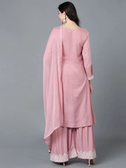 Women Pink Polysilk Embroidered Kurta Sharara With Dupatta