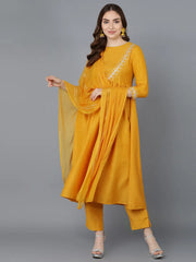 Women Mustard Poly Silk Embroidered Kurta Trousers With Dupatta 1