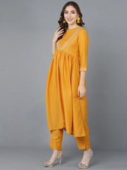 Women Mustard Poly Silk Embroidered Kurta Trousers With Dupatta 1