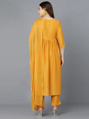 Women Mustard Poly Silk Embroidered Kurta Trousers With Dupatta 1